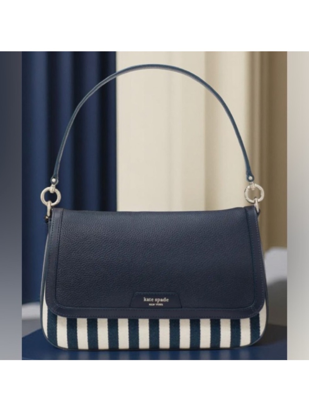 Kate Spade Hudson Flap Crossbody Shoulder Bag Navy Stripe Canvas Leather $328